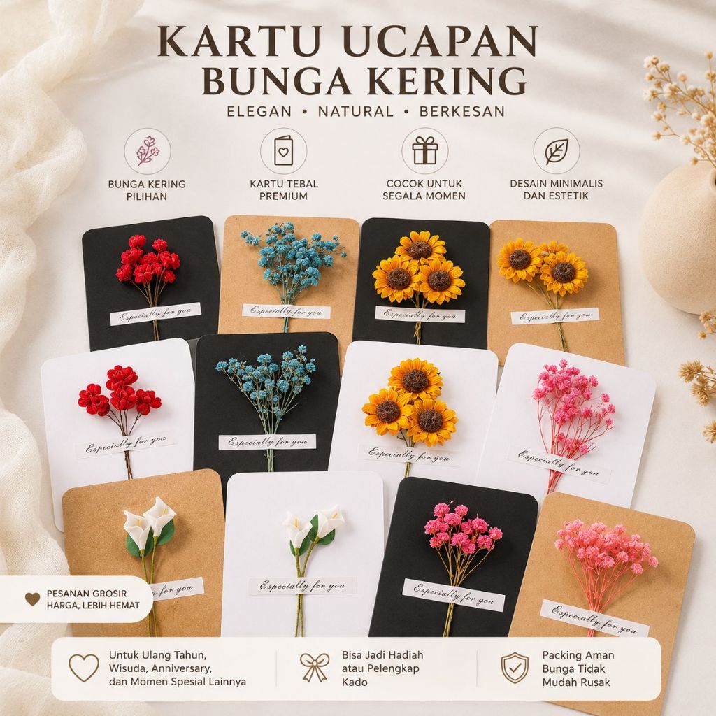Kartu Ucapan Selamat Estetik | Kartu Ucapan Happy Birthday Bunga Bunga Kering Estetik | Souvenir Kad
