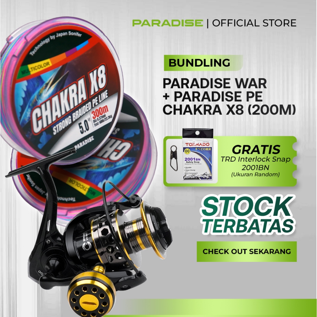 BUNDLING Reel Pancing Paradise WAR WR 3000-4000 + Senar PE Chakra X8 200m Multicolor | Spinning Reel