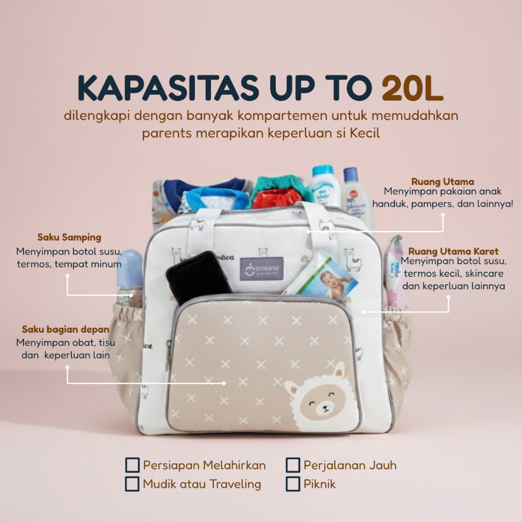 Omiland Tas Bayi Multifungsi Diaper Bag Mommy Bag Selempang Besar Medium Kecil Banyak Kantong