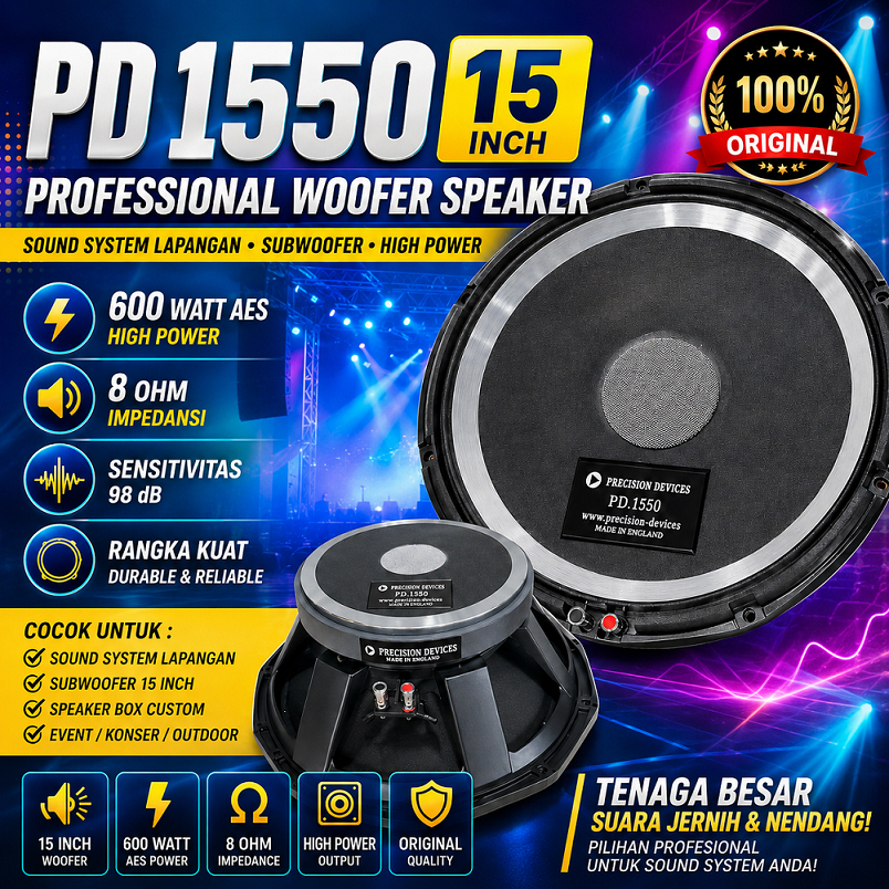 Speaker PD 1550 15 Inch Original Woofer Bass Professional 600 Watt AES 8 Ohm High Power Sound System