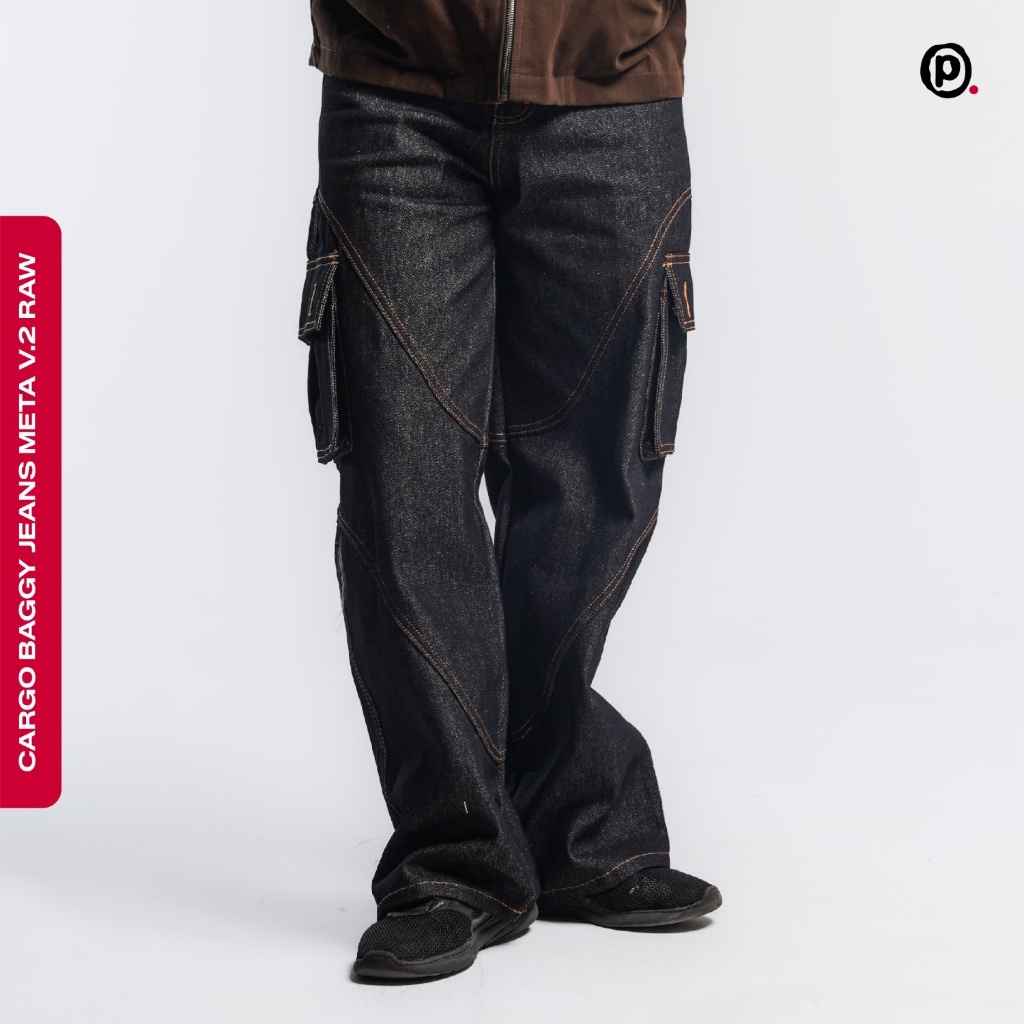 Pluviophile - Celana Cargo Baggy Jeans META V2 Raw Denim Panjang Unisex Casual