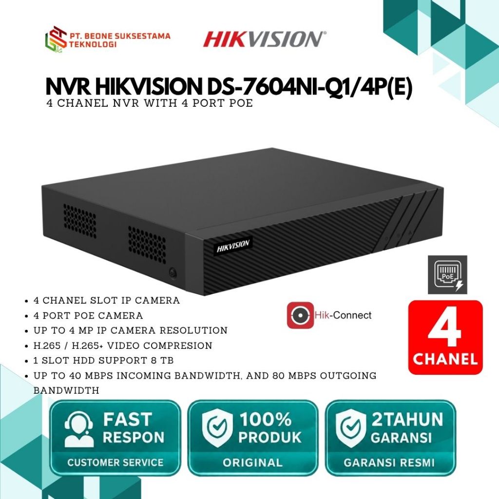 HIKVISION DS-7604NI-Q1/4P(E) NVR 4 Chanel 7600 New Series Include POE