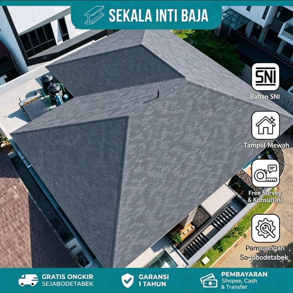Atap Rangka Baja Ringan Genteng Bitumen Sirap Aspal  Terpasang