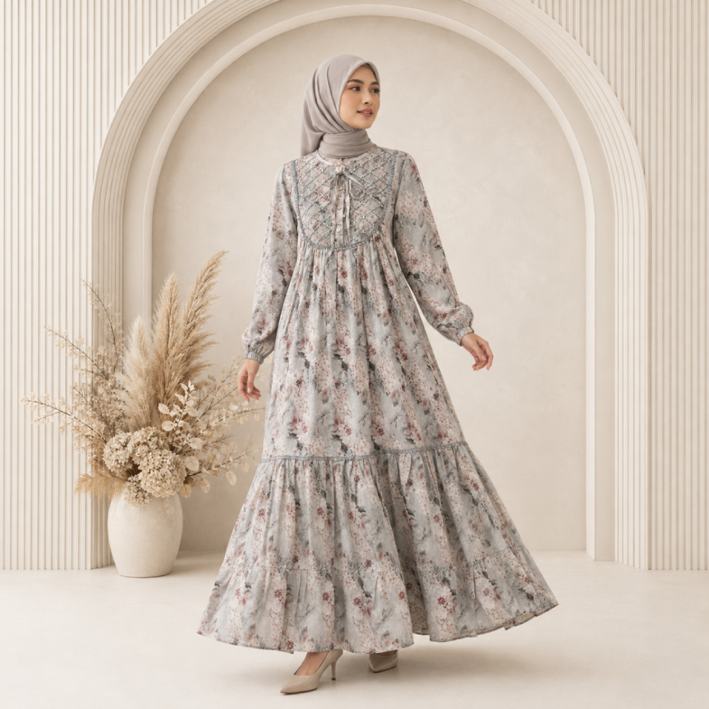 Zeeya Collection Madeena Gamis Busui Friendly Long Dress Bahan Rayon Motif All Size