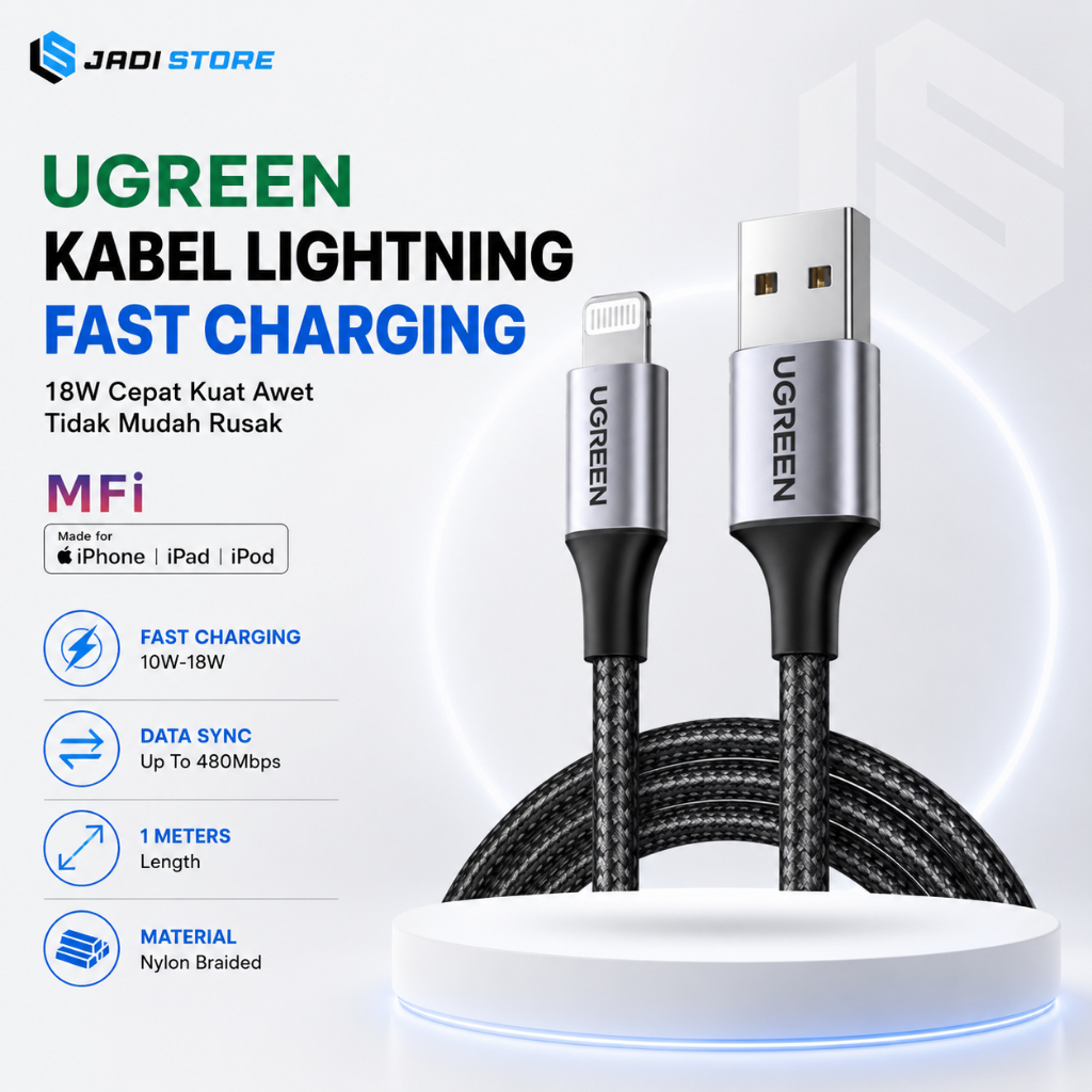 UGREEN Kabel Data Charger USB A to Lightning iPhone 13 14 iPad Nylon Braided Metal 1M MFi 18W Fast C