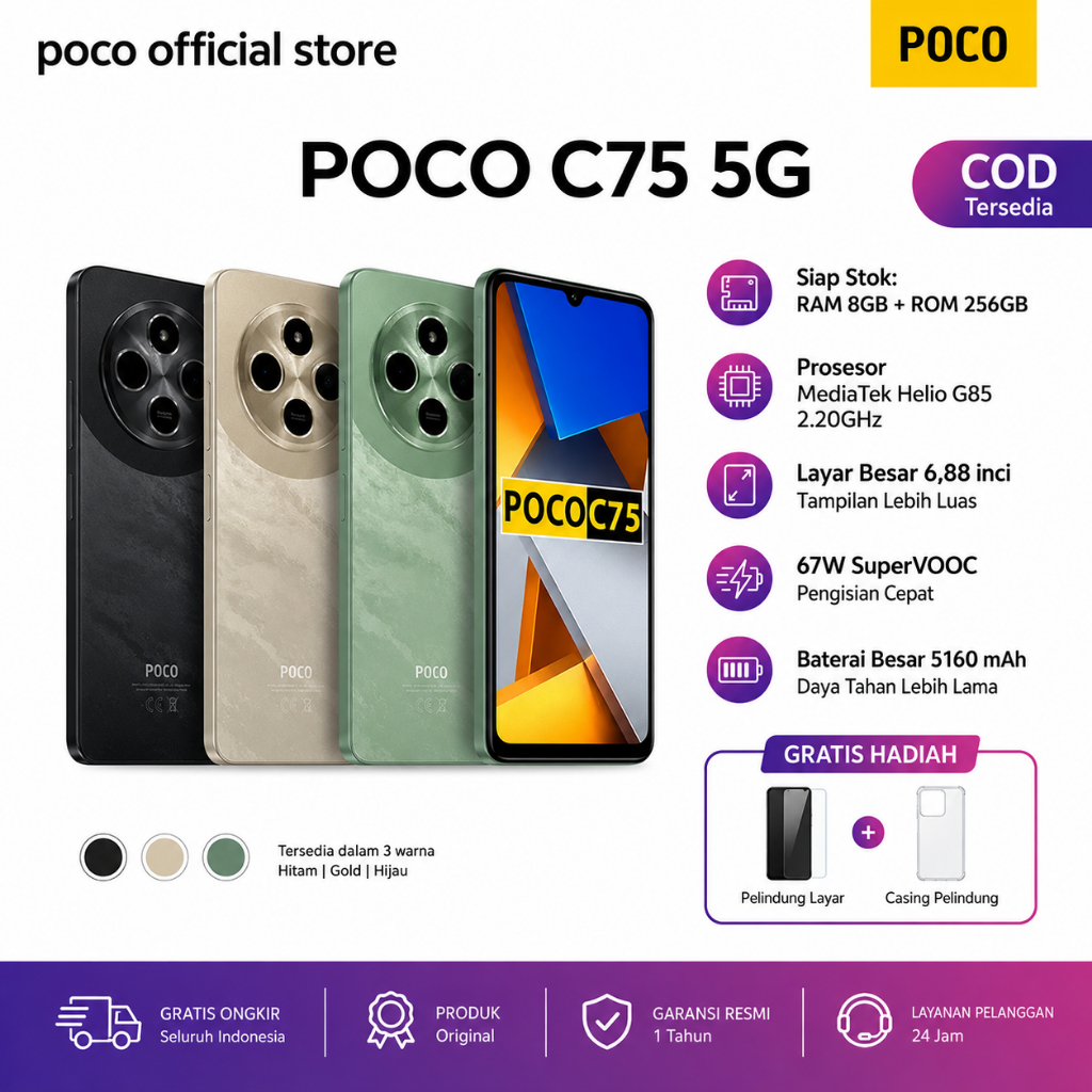 Poco C75 2026 terbaru hadir dengan RAM 8GB+256GB | Kamera AI 50 megapiksel | Baterai 5160mAh | Pengi