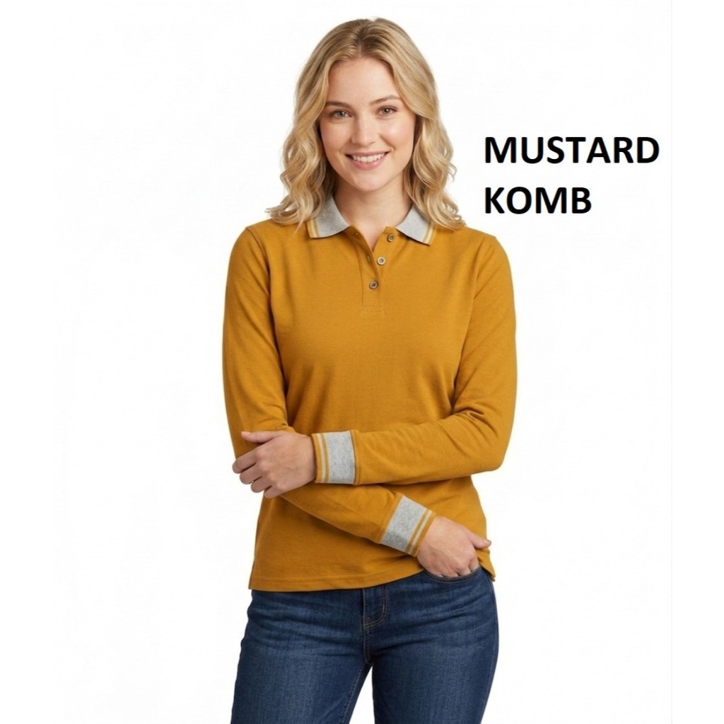 Kaos Kerah Panjang Wanita FO LIST KOMBINASI warna Mustard - Kaos Kerah Polos LIST Lengan Panjang Per