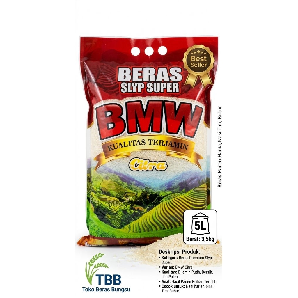 Beras 5 Liter Murah (3,5Kg) BMW Murah- Pulen, Lembut, Tanpa Pengawet