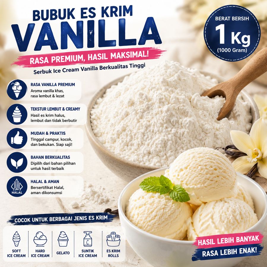Bubuk Es Krim vanilla 1 Kg l Serbuk Ice Cream Vanilla 1Kg Kiloan Bahan Eskrim Instan Premix Soft Har