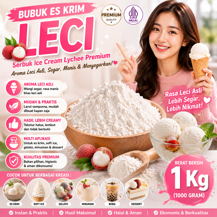 Bubuk Es Krim  Leci 1 Kg l Serbuk Ice Cream  Lychee 1Kg Eskrim Kiloan Bahan Instan Premix Soft Hard 