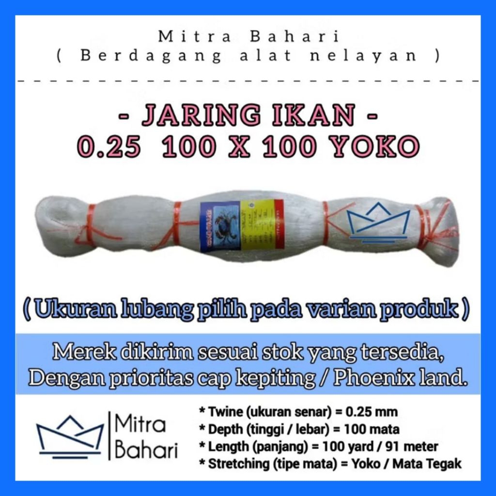 JARING IKAN 0.25 100X100 YOKO / JARING SENAR 025 / PUKAT 0.25 / JARING IKAN COD / PUKAT 5 INCH / JAR