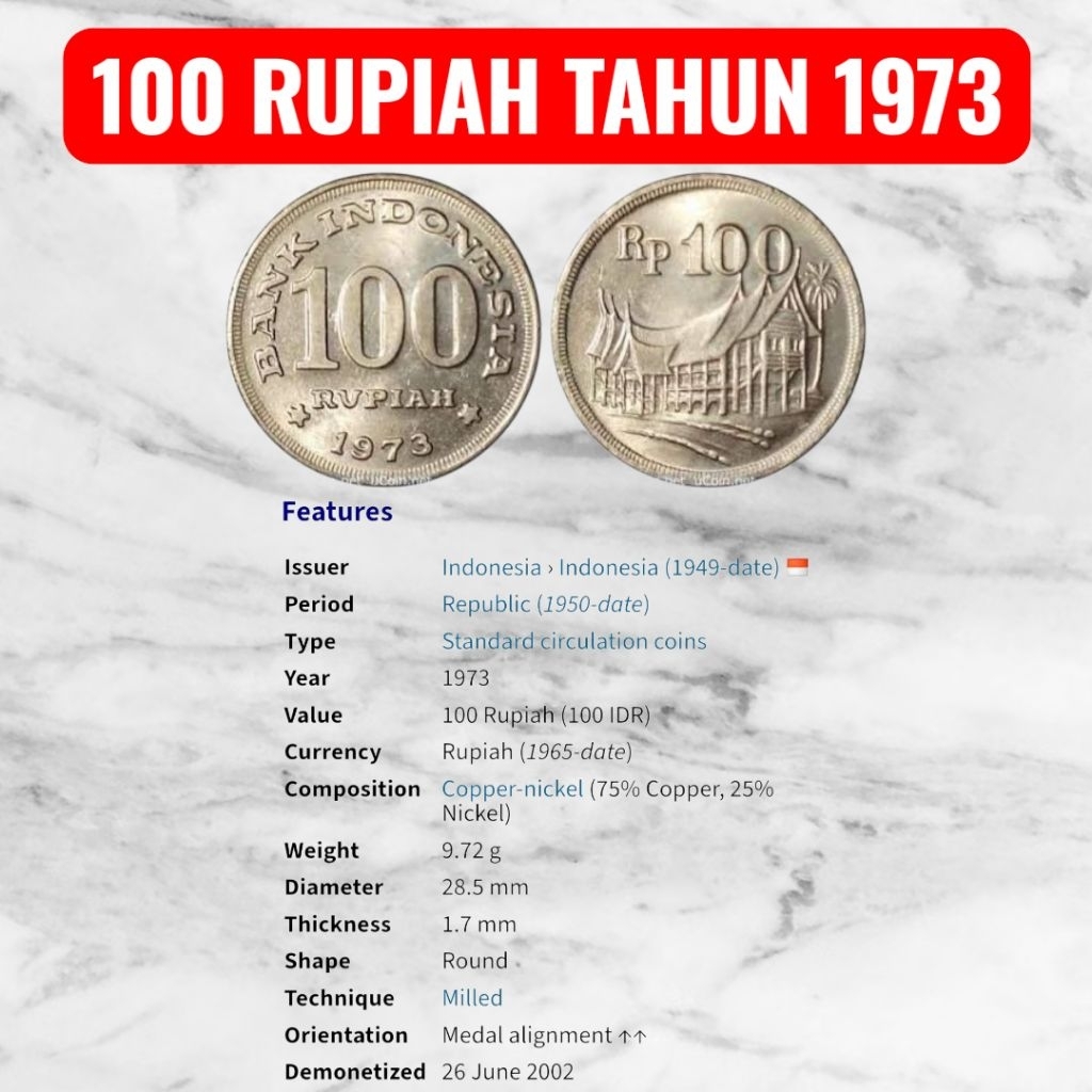 Koin Kuno 100 Rupiah Tebal Tahun 1973 LUSTRE/GRESS