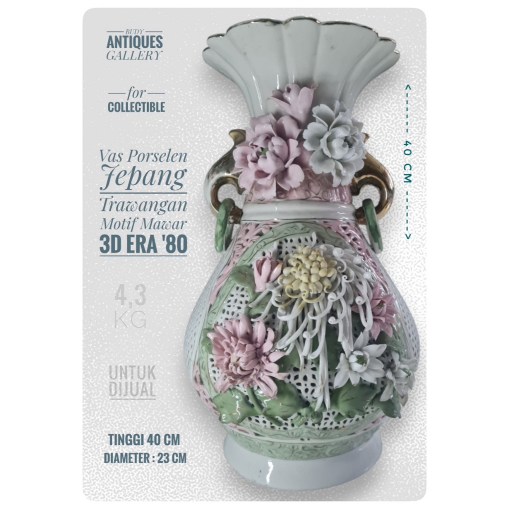 Vas Porselen Jepang Terawangan Motif Mawar 3D