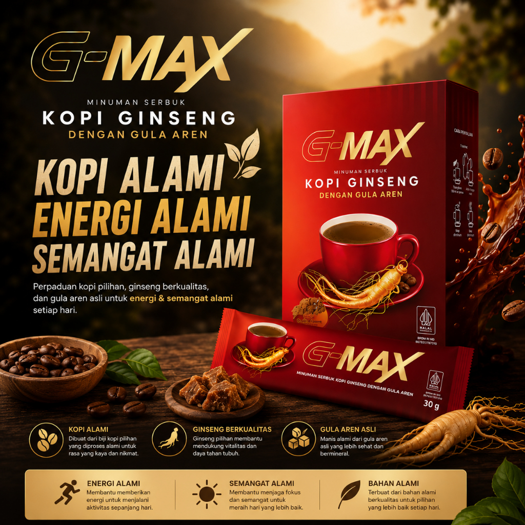 Kopi Ginseng G-MAX 3 Sachet - Menambah Energi dan Stamina Pria, Menggunakan Ginseng dan Gula Aren