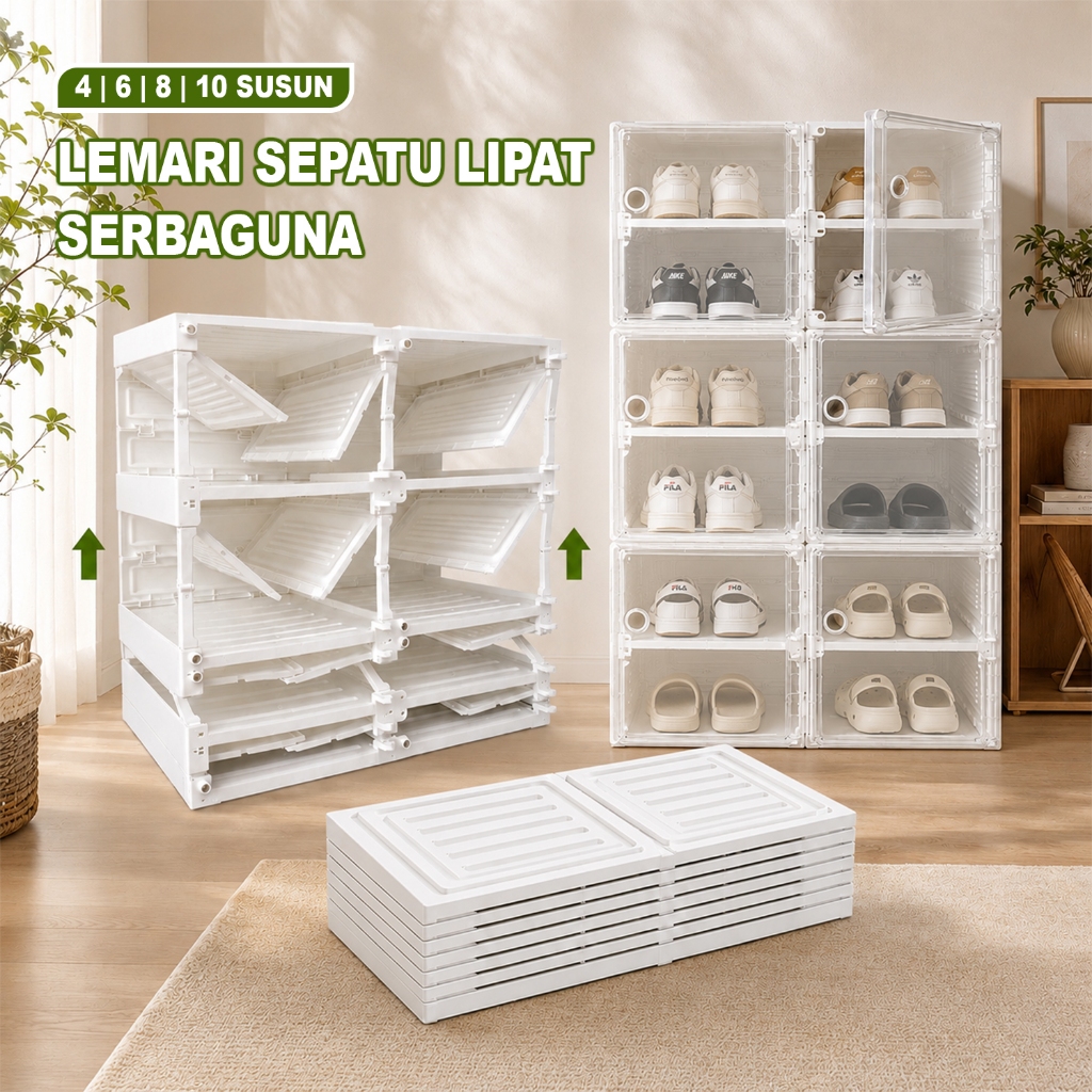 NEW Rak Lemari Sepatu Tas Lipat Anti Debu Multifungsi Baju Bayi Susun 4/6/8/10 Transparan Pintu Magn