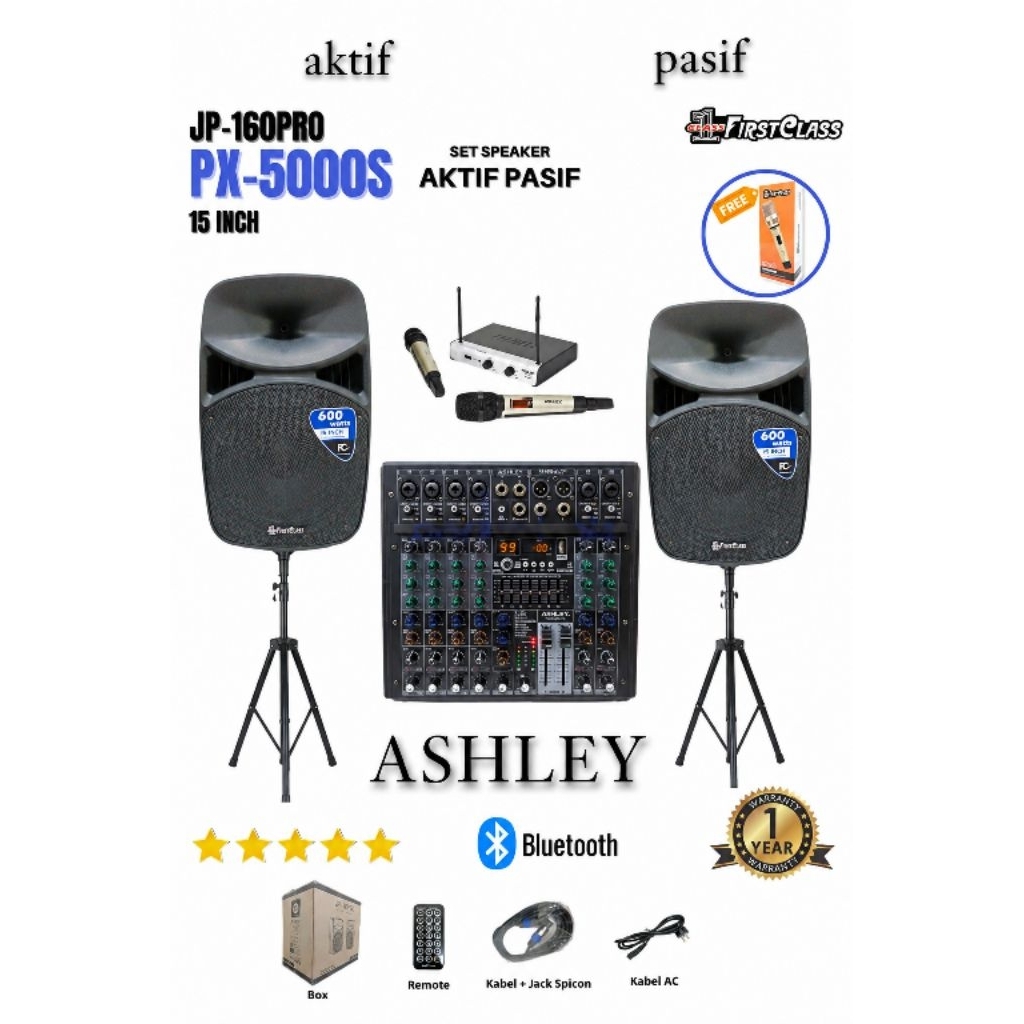 Paket Sound System Speaker Aktif pasif FIRTSCLASS 15 inch mic wireless Ashley original full set mixe