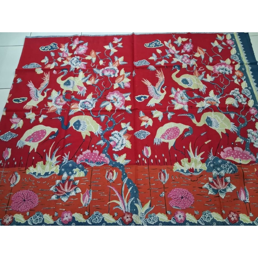 Batik kain panjang katun full tulis halusan motif burung warna biru dan merah uk 245cmx100cm