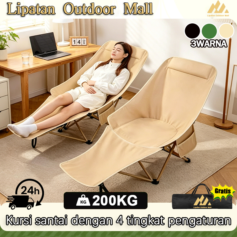 Lipatan Outdoor Kursi Santai Lipat 4 Tingkat, Tahan 200KG, 3 Warna, Bisa Duduk & Berbaring + Gratis 