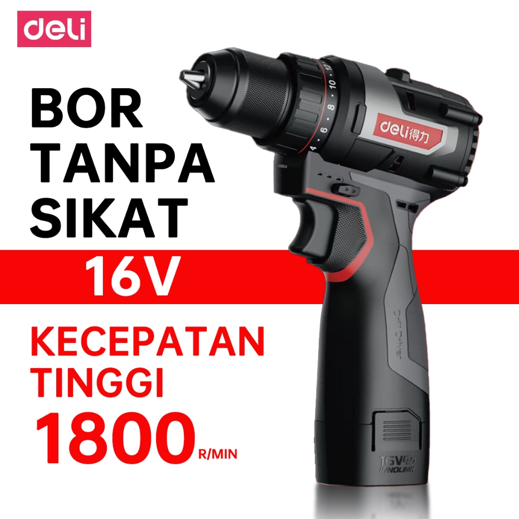 Mini Bor DELI 16V Bor Tangan Elektrik Rechargeable Lithium Drill 2.0 Dual Battery Serbaguna