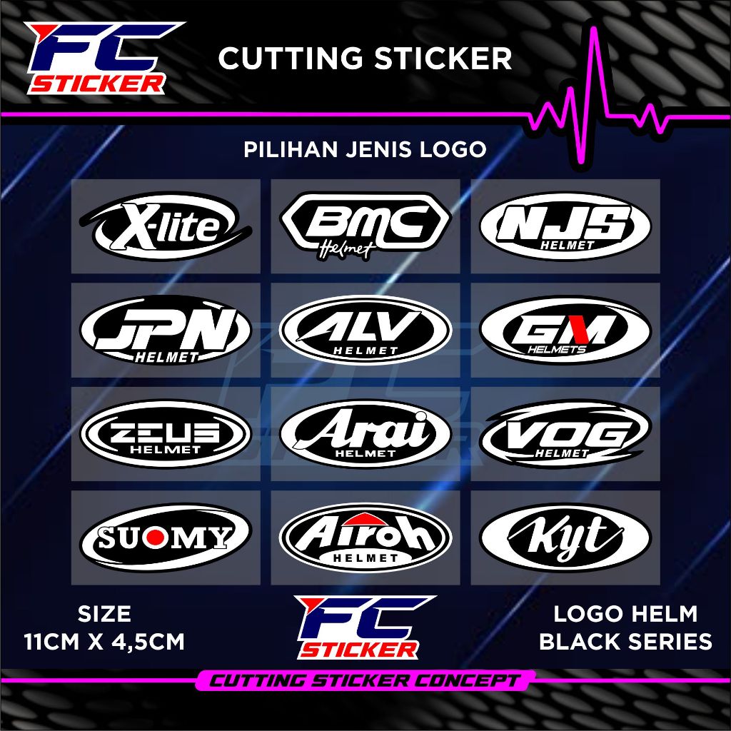 Cutting Sticker Logo Hitam /Emblem Merk Helm VOG / BMC / NJS / X-LITE / JPN / ALV/ GM / ZEUS / ARAI 