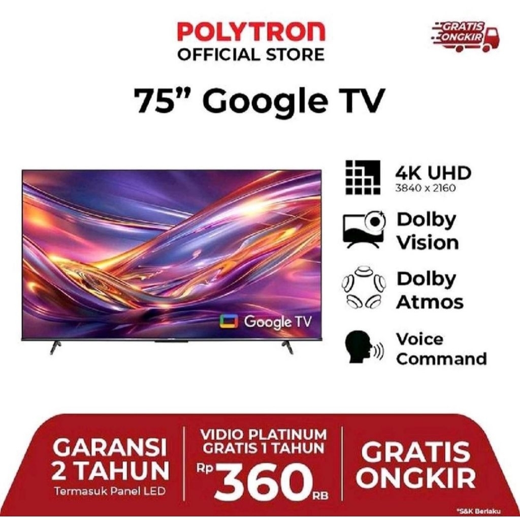 TV LED POLYTRON 75INCH GOOGLE TV 75UG 4K UHD TV POLYTRON 75INCH