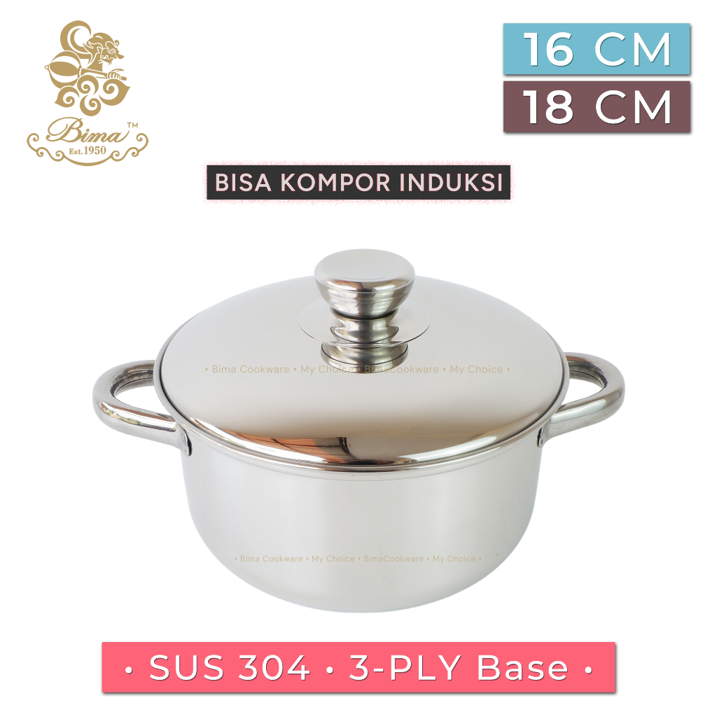 BIMA Panci Stainless Steel SUS 304 Premium 16cm 18cm Tebal Anti Karat +Tutup Food Grade MPASI Bisa I