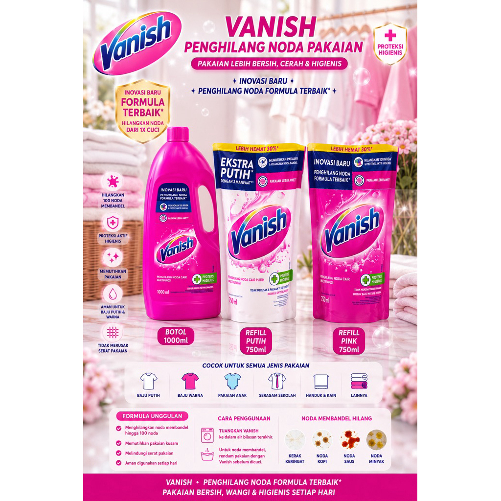 VANISH penghilang noda pakaian botol 1000ml dan refill 750ml