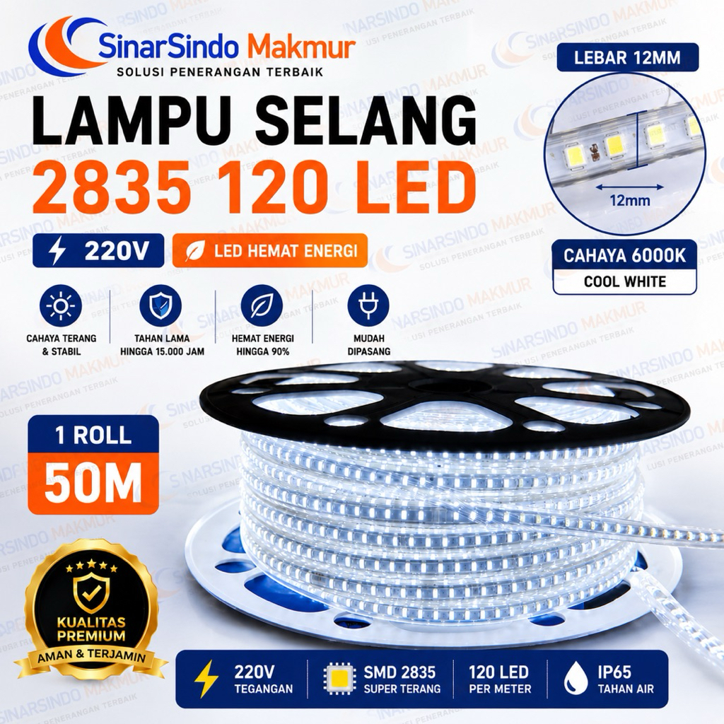 Lampu Selang LED Strip 2835 120L 220V 50M / Led Strip Selang 2835 120 LED 50 Meter 12mm
