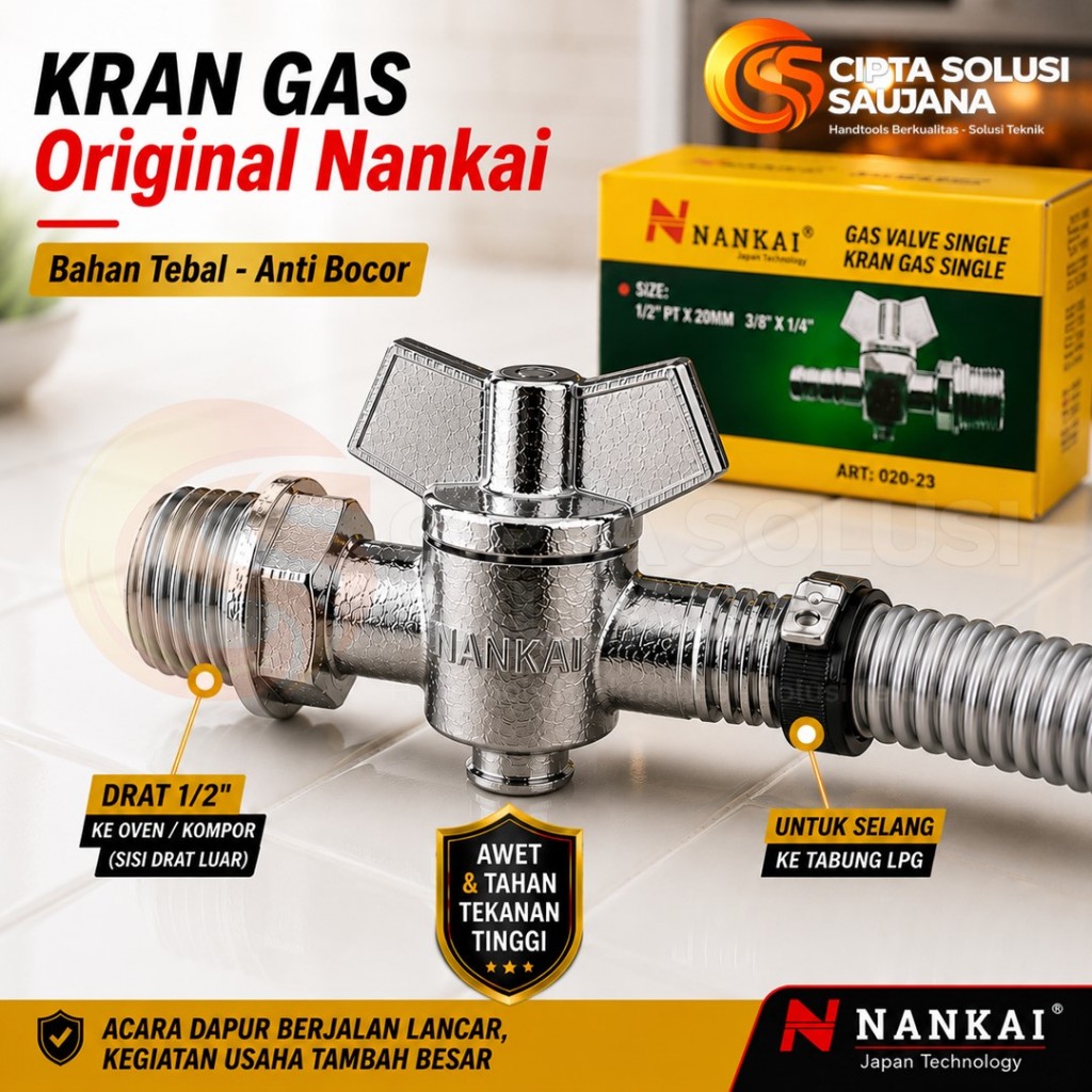Kran Gas Single Nankai 1/2" PT x 20mm – Valve Gas LPG Kompor / Oven – Original