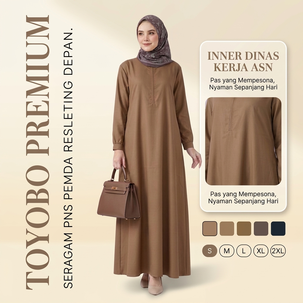 Gamis Seragam PNS Pemda Wanita Katun Toyobo Original - Baju Dinas Kerja ASN Khaki Model Abaya Manset
