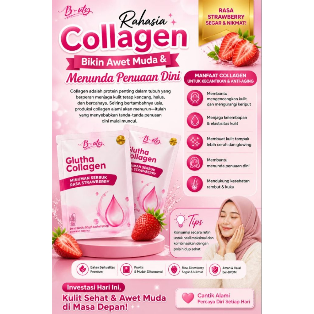 B-UTY GLUTHA COLLAGEN STRAWBERRY– Minuman Kolagen Premium untuk Kulit Sehat, Cerah & Awet Muda