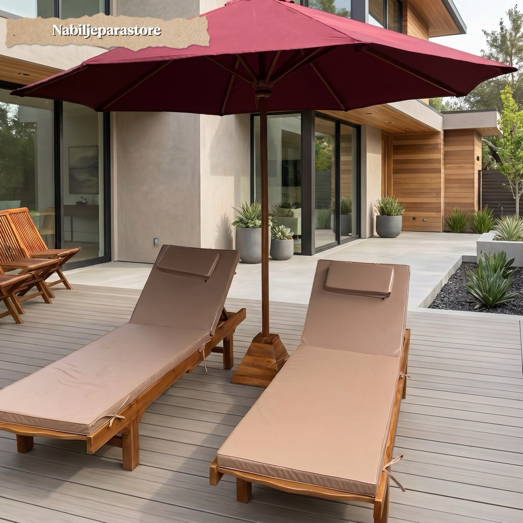 sun lounger kayu jati set payung taman premium| set kursi lonjer+payung| kursi santai| kursi taman