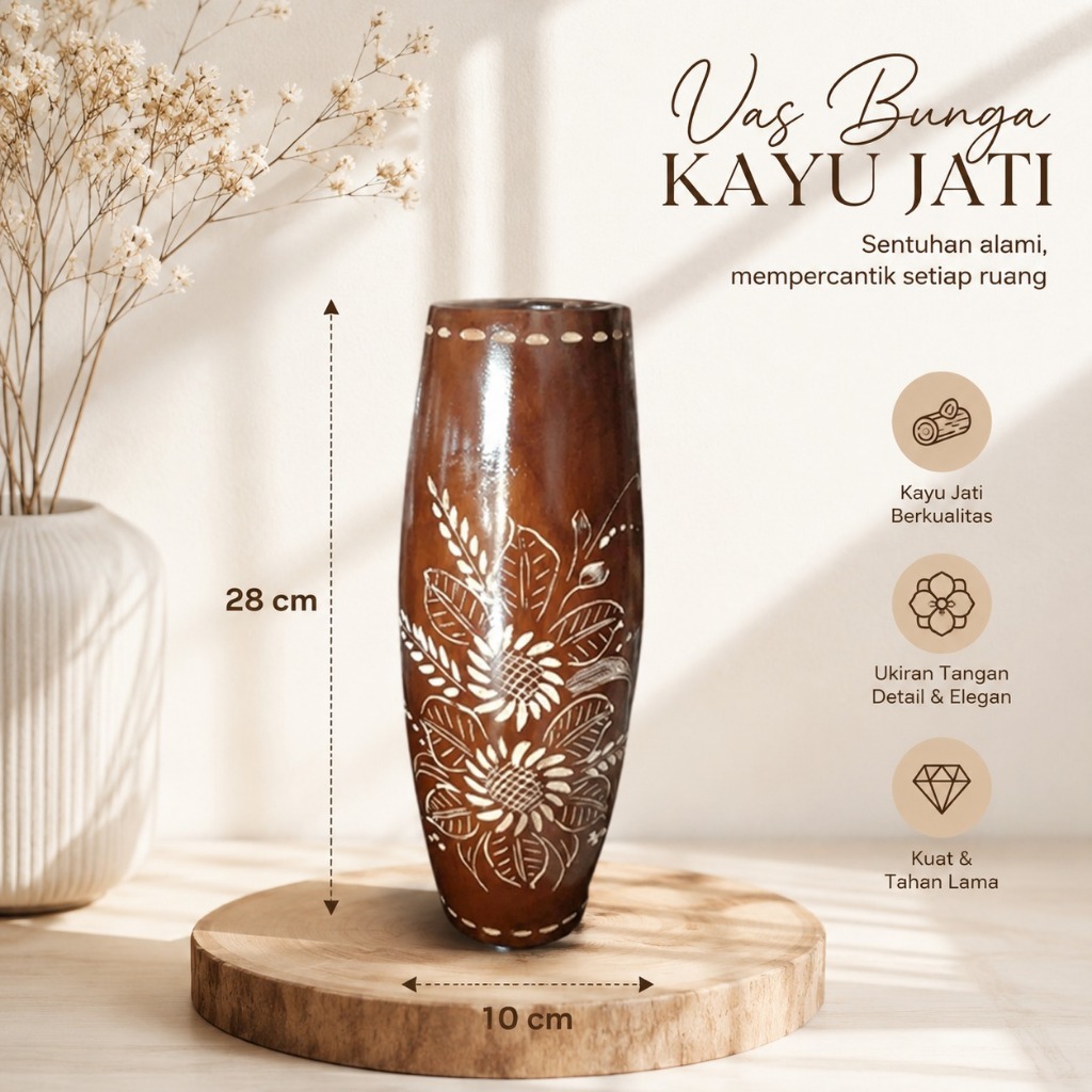 Vas bunga kayu jati estetik | pot bunga kayu jati | fas bunga kayu jati