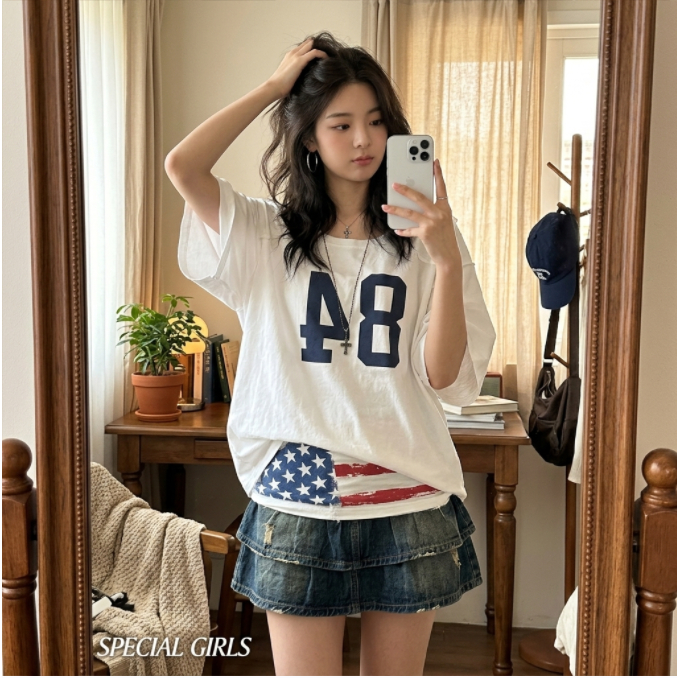 Kaos Oversized Wanita Putih Print Angka 84 Model Off Shoulder Casual Korea COD