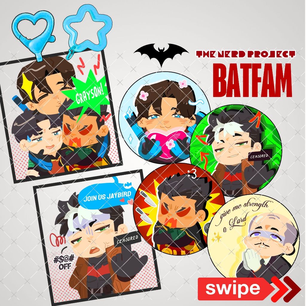 [BATFAM]  (///)  KeychainSet + Glitter Pins + Stickers      >>>> ganci akrilik fanmerch DC batman ba