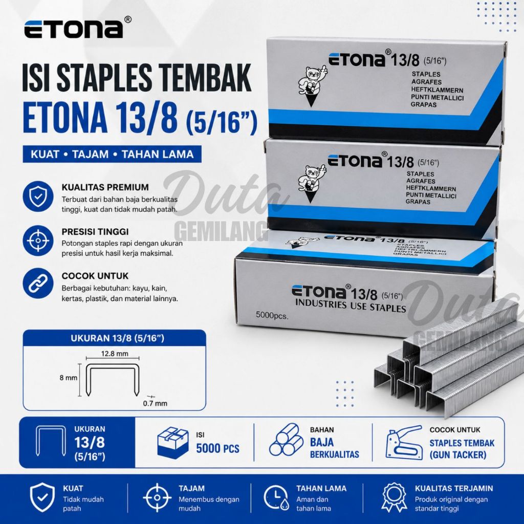 (1 Pax Isi 5000 Pcs ) Isi Stapler Tembak Etona 13/8 - Refill Gun Tacker Etona 13/8 - Kuat Dan Tajam