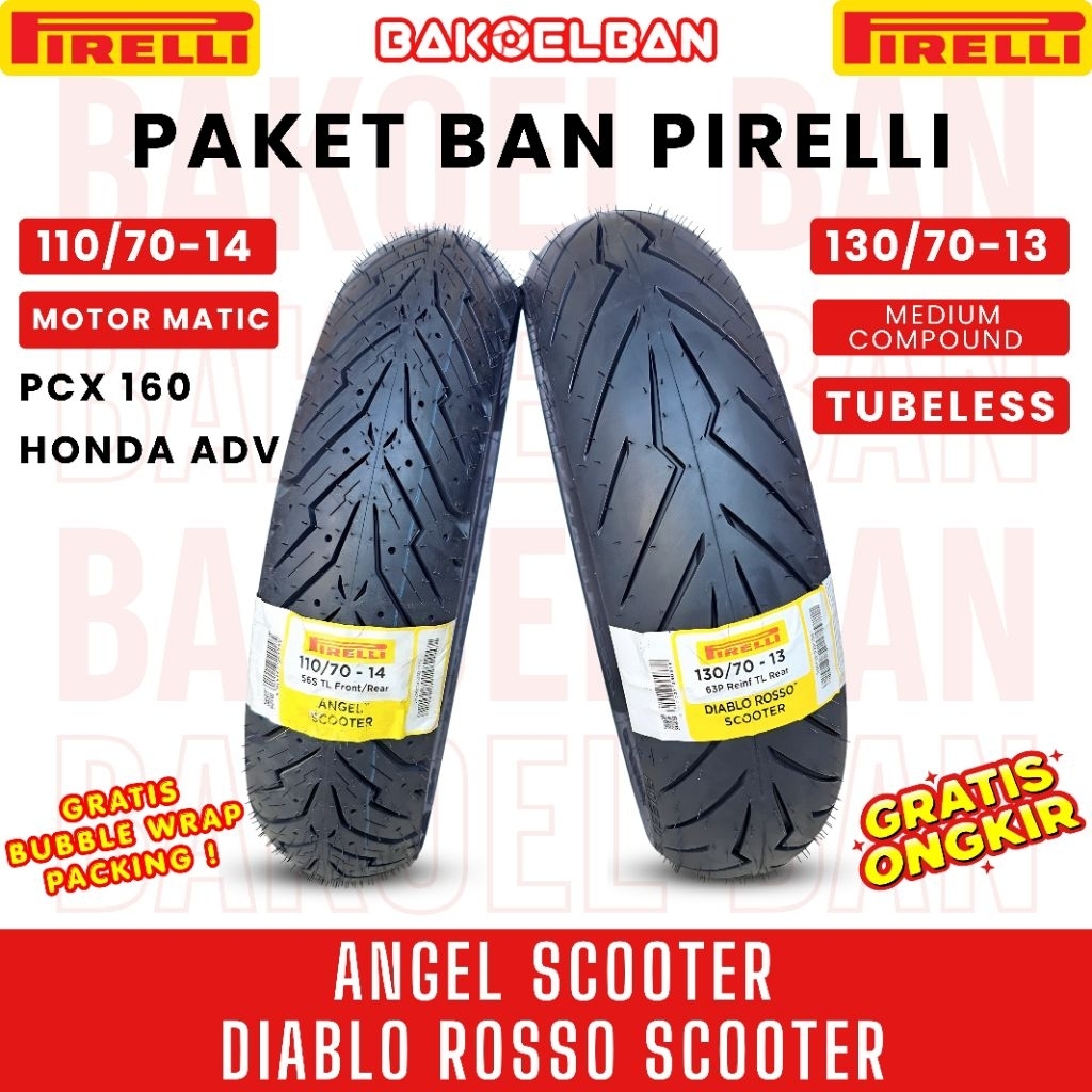 PAKET BAN MOTOR PIRELLI ANGEL SCOOTER 110/70-14 & PIRELLI DIABLO ROSSO SCOOTER 130/70-13