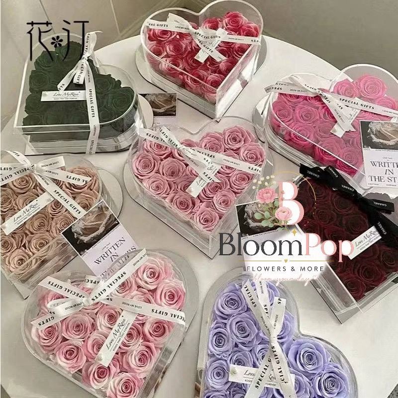 BLOOM_POP - KOTAK AKRILIK BERBENTUK LOVE HATI MAWAR ROSE BOX - KOTAK BUNGA AKRILIK