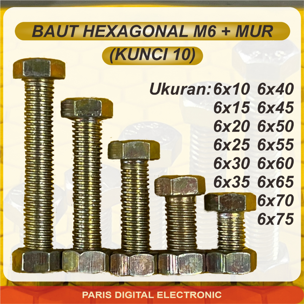 (GROSSIR) BAUT + MUR BESI M6 HEXAGONAL KUNING, KUNCI 10, DRAT PITCH 1.25