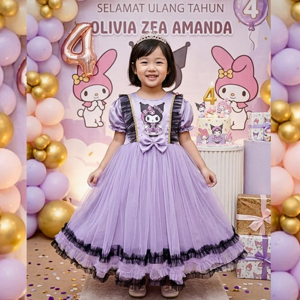 ( FREE BANDO & PERHIASAN KUROMI ) Baju Dress Anak Perempuan Motif Kuromi Bahan Tile Usia 3 - 8 Tahun