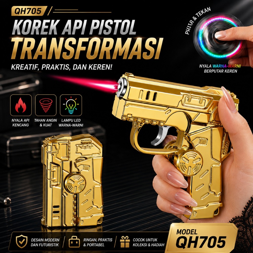 Korek Api Pistol Lipat Desain Bisa Di Putar Dengan Lampu Led Warna Yang Keren QH705