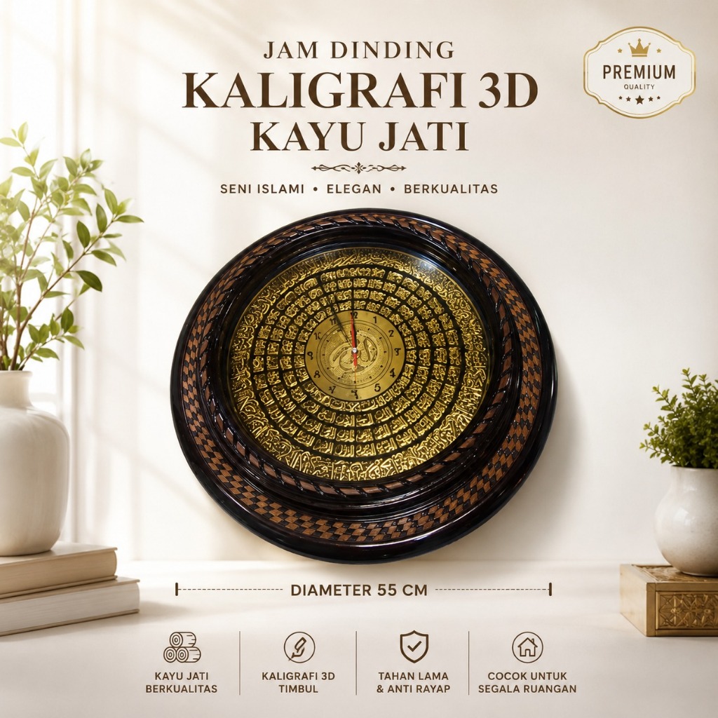 Jam dinding kaligrafi arab | Jam dinding kaligrafi 3D | Jam dinding kayu jati