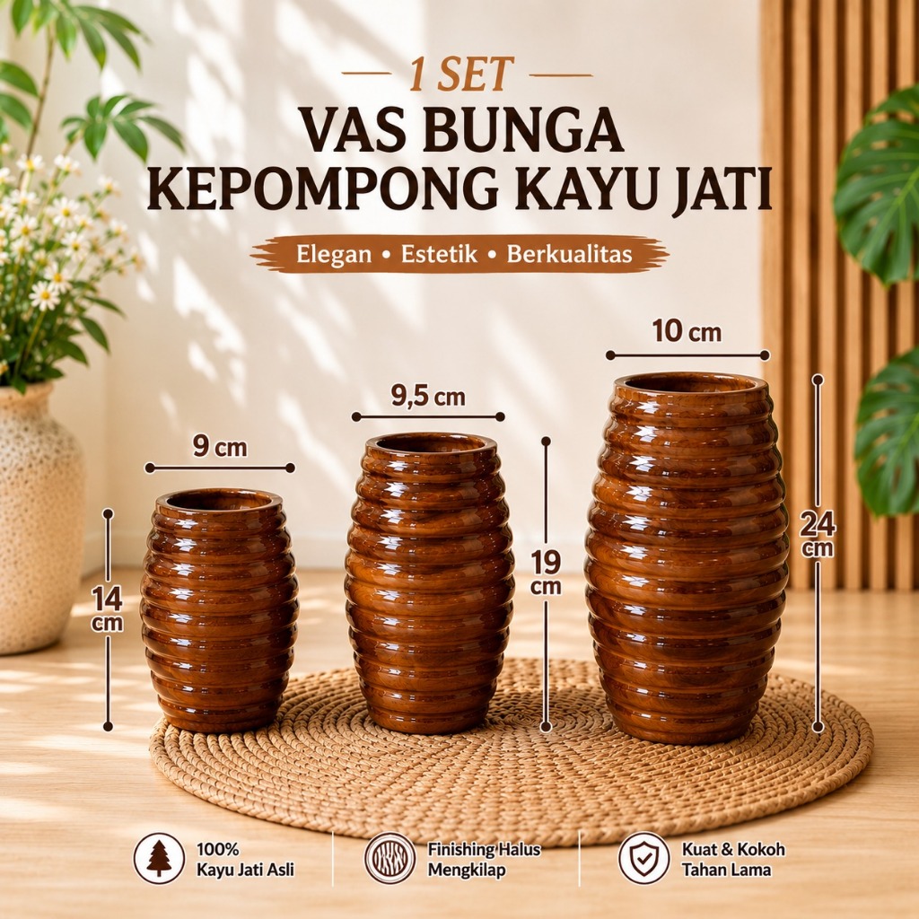 Vas bunga kepompong kayu jati | pot bunga kayu jati | fas bunga