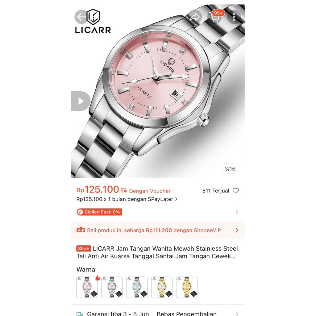 Licarr jam tangan wanita silver pink