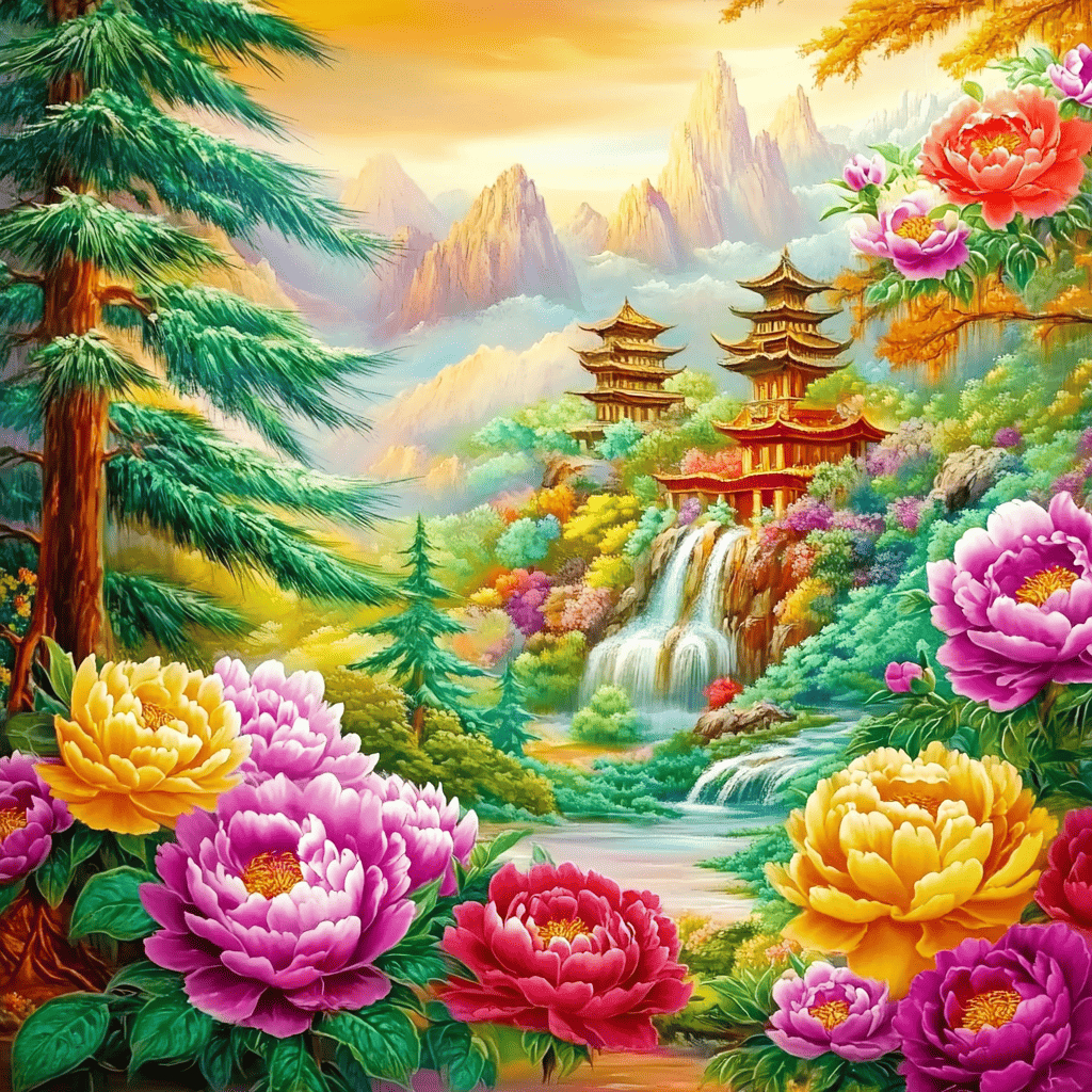 Kain latar belakang gambar lukisan pemandangan bunga peony mewah dengan kastil yang indah, dekorasi 