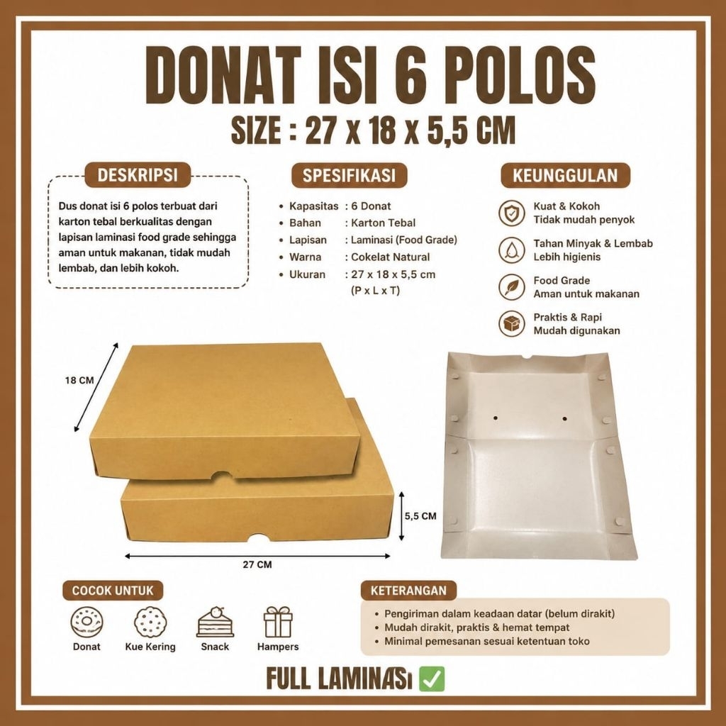 Craft donat laminasi - dus donat uk 27 x 18 x 5,5 cm - Dus donat polos - Craft donat Polos isi 6/12