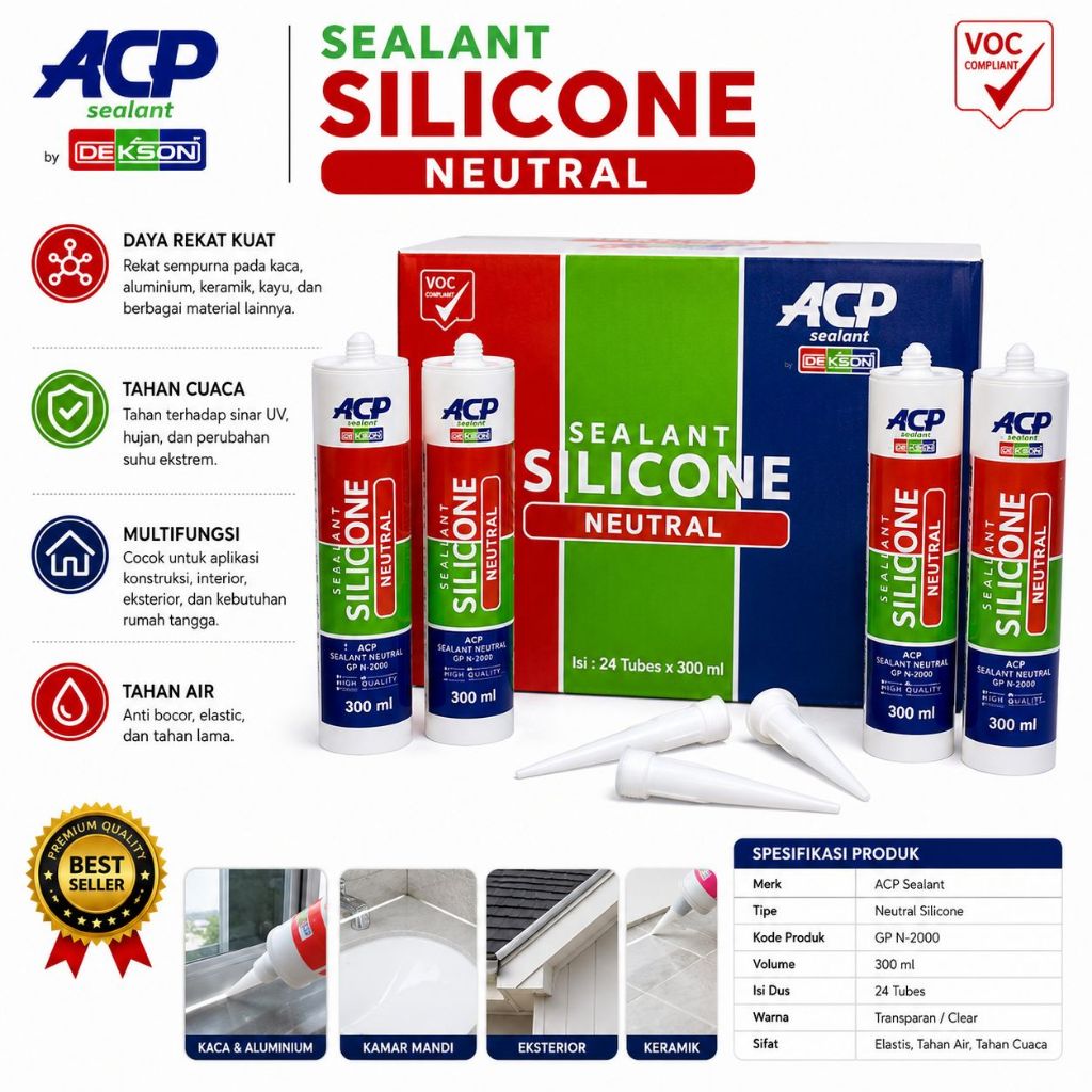 DEKSON Sealant Silikon Netral 300ml — Dekson Silent Silicone Neutral Serbaguna Lem Kaca/Aluminium/Ke