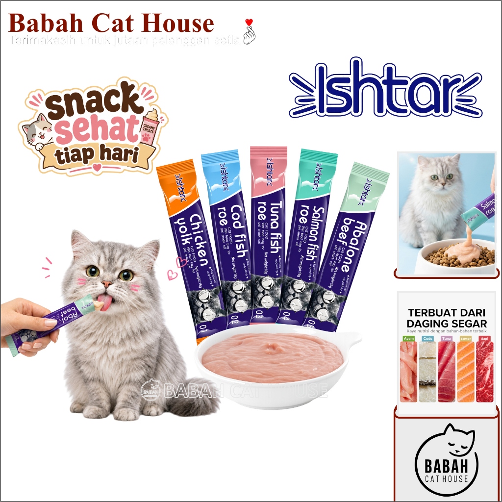 ISHTAR Cat Treats 15gr Makanan Snack Cemilan Kucing Luquid Creamy Treat untuk Anak Kitten Dewasa Gra