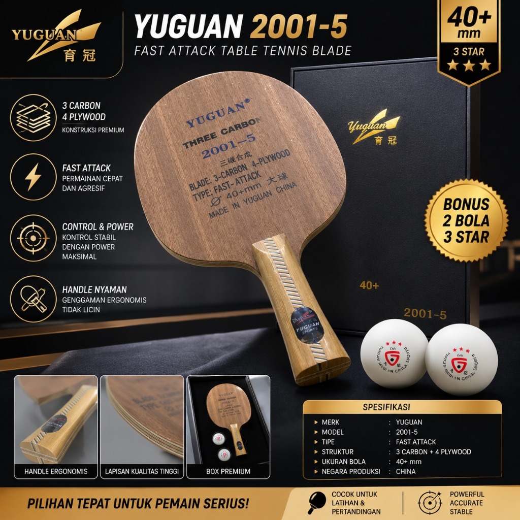 BARU Kayu Pingpong Tenis Meja Yuguan 2001-5 Kotak Coklat 3 Carbon FREE 2 Bola