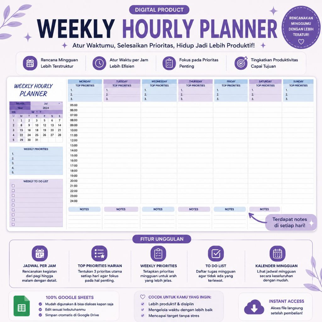 Weekly Hourly Planner Spreadsheet | Weekly Schedule, Priorities & Task Tracker